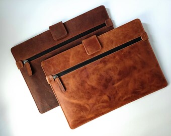 Leather Document Holder, Porte Documents Cuir, Brown Distressed Leather, Multipurpose Sleeve for Documents and Laptop,  Paper File Case ,