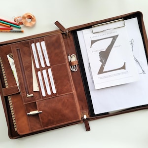 Personalized Leather Portfolio, Zippered Portfolio for Men, Letter Size Organizer Folder, Padfolio A4 Document Bag, Gift for Father/Him/Boss