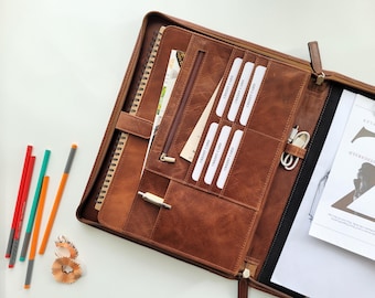 Handmade Leather Portfolio Organizer: 13-inch Laptop Document Holder