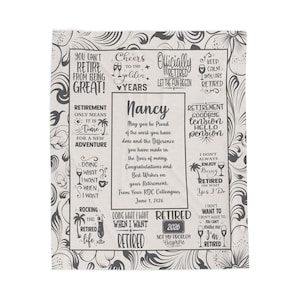 May include: A decorative retirement-themed print with a floral border and various text elements. The print includes the name "Nancy" and the date "June 1, 2026". The overall design is in shades of gray and white, with stylized fonts.