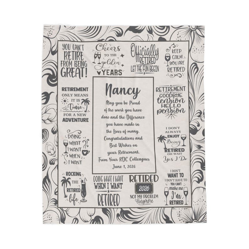 May include: A decorative retirement-themed print with a floral border and various text elements. The print includes the name "Nancy" and the date "June 1, 2026". The overall design is in shades of gray and white, with stylized fonts.