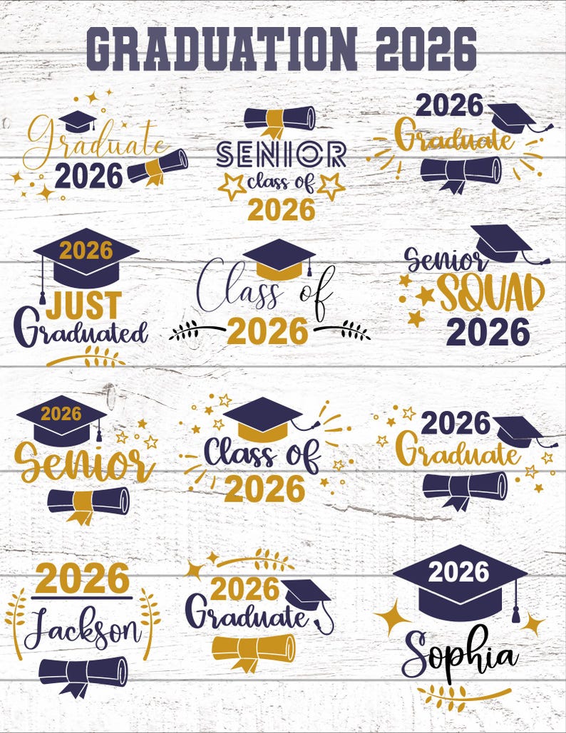 Graduation 2026 Clipart Navy Blue Gold PNG SVG Digital Download Class ...