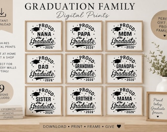 May include: Nine black and white digital prints featuring graduation themes with text including Proud Nana, Papa, Mom, Dad, Grandma, Grandpa, Sister, Brother, and Mama of the Graduate 2026, displayed in wooden frames on a surface with a small vase.