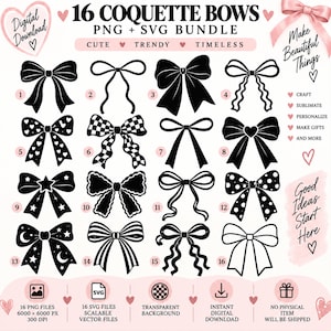 May include: A digital bundle of 16 black and white bow illustrations in PNG and SVG formats. The collection features various bow styles including solid, checkered, polka dot, star, and moon patterns, each numbered from 1 to 16 for easy identification.