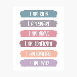 Afirmaciones positivas imprimibles para niños Soy afirmaciones niñas arte de pared positivo impresión descarga digital niños salud mental palabras diarias