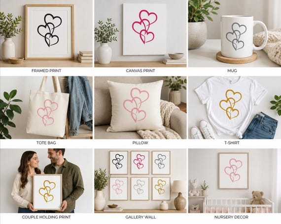 Three Hearts Printable SVG PNG Digital Print Downloadable Three