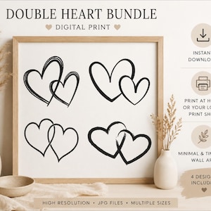 May include: A digital print titled DOUBLE HEART BUNDLE featuring four distinct black line art illustrations of two interlocking hearts. The square print is displayed in a wooden frame, accompanied by text indicating instant download, print options, and 4 designs included.