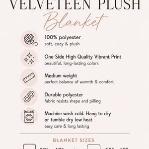 May include: A cream-colored graphic with the words "VELVETEEN PLUSH Blanket" in brown script. Details include "100% polyester," care instructions, and blanket sizes: 30" x 40" and 50" x 60".