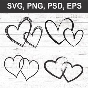 May include: Black and white heart designs in SVG, PNG, PSD, and EPS formats. The image features four different pairs of hearts, each with a unique style, set against a white wood-grain background. The text "SVG, PNG, PSD, EPS" is at the top.
