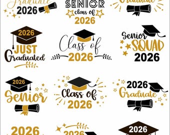 May include: A selection of graduation-themed graphics featuring the text "GRADUATION 2026". Designs include mortarboards, scrolls, and phrases such as "Graduate", "Senior", and "Class of 2026" in gold and black.
