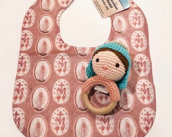 Miraculous Medal Baby Bib and Blessed Mother Rattle Set | Catholic Baptism Gift