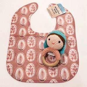 Miraculous Medal Baby Bib and Blessed Mother Rattle Set | Catholic Baptism Gift