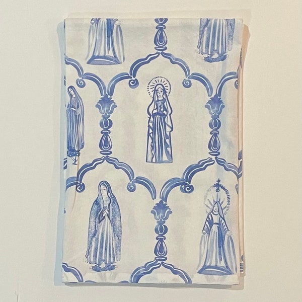 Mary Apparition Hand Towel | Catholic Blue and White Mary Hand Towel | Kitchen Hand Towel  | Blessed Mother Hand Towel