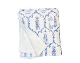 Marian Apparition Throw Blanket | Blue White Catholic Blessed Mother Home Decor