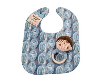 Catholic Baby Bib and Rattle Set | Miraculous Medal, Child Jesus, Pima Cotton, Wood Ring