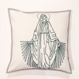 Hand Embroidered Blessed Mother Pillow Mother's Day Mary Gift Miraculous Medal Catholic Pillow Catholic Home Gift