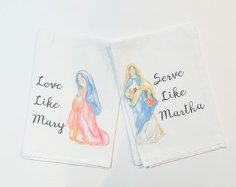 Love Like Mary Serve Like Martha Catholic Hand Towels | Mary and Martha hand towels | Catholic Housewarming Gifts |Catholic Shower Gift