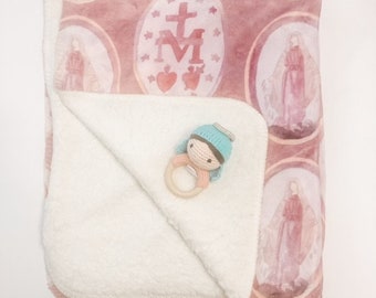 Catholic Baby Blanket  Mary Blanket  Baptism Blanket  Catholic Birthday Gift Miraculous Medal Sherpa Blanket Catholic Rattle Set