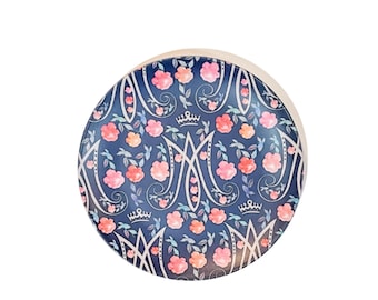Auspice Maria Navy Blue Floral Plate | Catholic Blessed Mother Home Decor