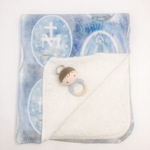 Catholic Blue Sherpa Blanket with Baby Jesus Rattle
