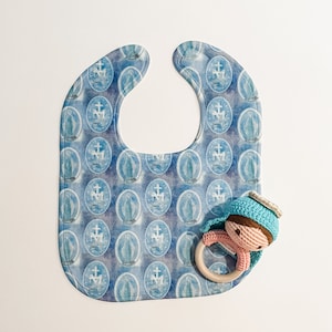 Miraculous Medal Baby Bib Mary Rattle Set | Baptism Gift | Catholic Baby Gift  |