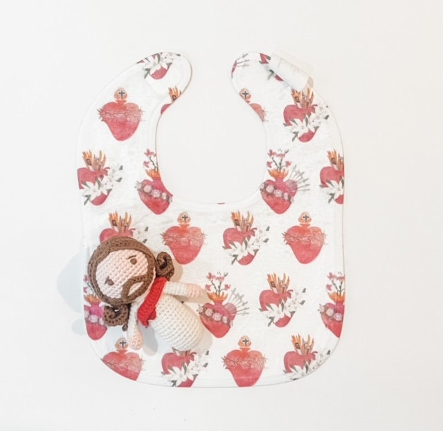 Sacred Heart Jesus Immaculate Heart Mary Rattles Bib Set | Catholic ...