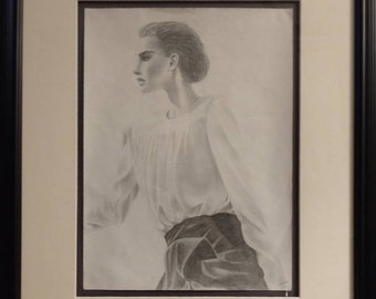 Original drawing, 9"w x 12"h w/ 16"w x 9"h frame, portrait of a woman, graphite/conté/charcoal, "Reach"