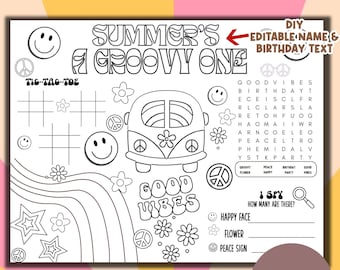 Groovy One Coloring Placemat Primer Cumpleaños Editable / Retro 1er Cumpleaños Fiesta Para Colorear Página / Groovy Party Placemat Hoja de Actividad