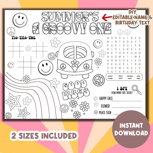 Groovy One Coloring Placemat First Birthday Editable | Retro 1st Birthday Party Coloring Page | Groovy Party Placemat Activity Sheet