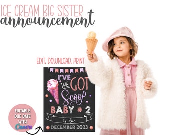 Ice Cream Big Sister Pregnancy Announcement Sign, I've Got The Scoop Pregnancy Big Sister Announcement Board, Big Sis Digital Announcement