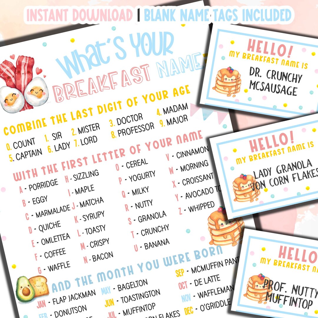 Breakfast Name Game and Name Tags | Pancake Party, Pajama Brunch (PDF ...