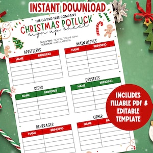 Może przedstawiać: Drukowana lista zapisów na świąteczny potluck z czerwono-zieloną kolorystyką. Lista zawiera sekcje na przystawki, dania główne, dodatki, desery, napoje i inne. Zawiera również tekst "INSTANT DOWNLOAD", "THE GIVING TREE COMPANY", "CHRISTMAS POTLUCK", "sign up sheet", "DATE & TIME: NOV 20, 2023 @ 12PM", "LOCATION: MAIN CAFETERIA", "NAME", "BRINGING", "INCLUDES", "FILLABLE PDF &", "EDITABLE", "TEMPLATE".