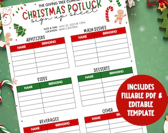 Christmas Potluck Sign Up Sheet EDITABLE | Holiday Potluck Sign Up PDF | Work Potluck Up Printable | Potluck Sign Up Form