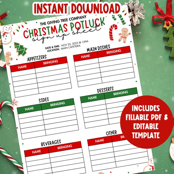 Christmas Potluck Sign Up Sheet EDITABLE | Holiday Potluck Sign Up PDF | Work Potluck Up Printable | Potluck Sign Up Form