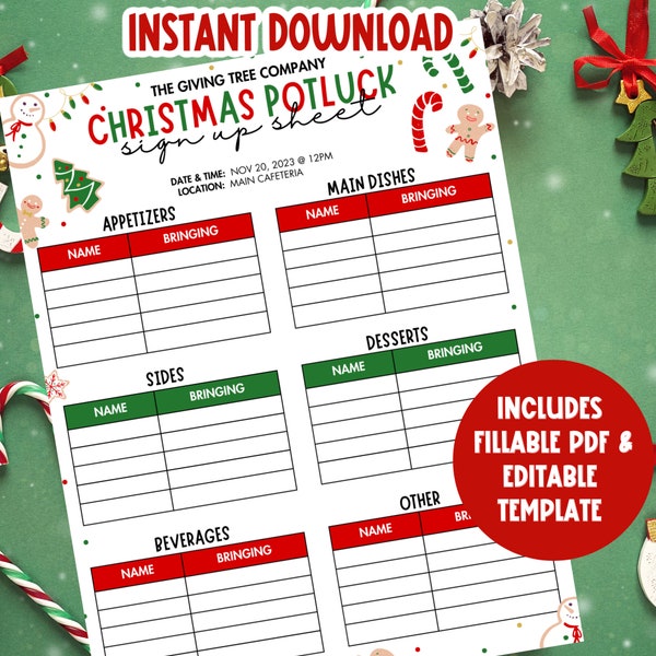 Christmas Potluck Sign Up Sheet EDITABLE | Holiday Potluck Sign Up PDF | Work Potluck Up Printable | Potluck Sign Up Form