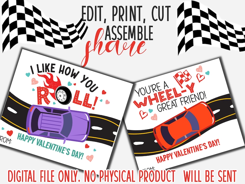 car valentines cards for kids valentines at school. non-candy valentine idea using toy cars.