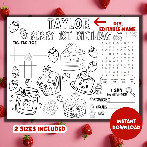 Berry 1st Birthday Activity Placemat Printable | Berry Sweet One Birthday Coloring Activity Sheet Birthday Party | Strawberry Birthday