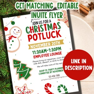 May include: A white Christmas potluck invitation with gingerbread cookie illustrations. The invitation includes the text "Join us for a Christmas Potluck", "November 20th", "11:30am-1:30pm", "Employee Lounge", "RSVP to Party Planning Committee by November", "123-456-7895", and "partyplanningcommitee@givingtree.com".