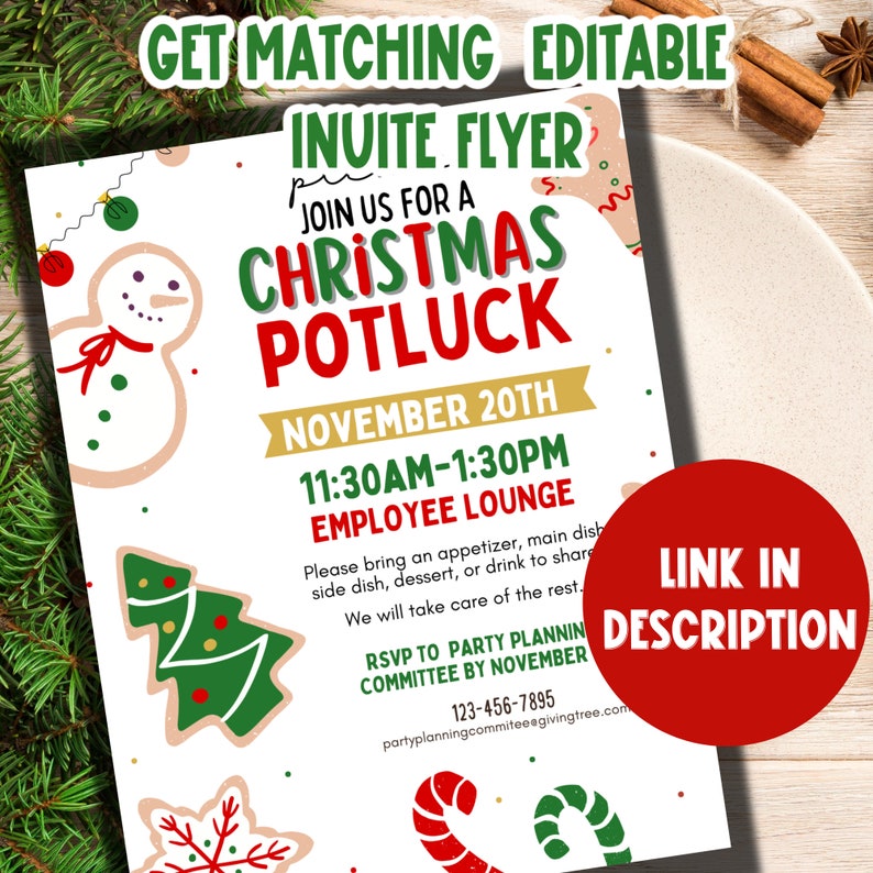 May include: A white Christmas potluck invitation with gingerbread cookie illustrations. The invitation includes the text "Join us for a Christmas Potluck", "November 20th", "11:30am-1:30pm", "Employee Lounge", "RSVP to Party Planning Committee by November", "123-456-7895", and "partyplanningcommitee@givingtree.com".