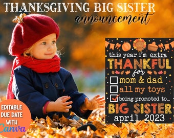 Thanksgiving Big Sister Announcement Digital Sign | Fall Pumpkin  Pregnancy Announcement Chalkboard Big Sister Sign Printable