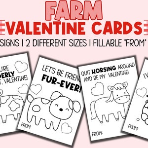 Kids Farm Valentine Cards Printable | Valentine Coloring Cards| Farm Animals Valentine&#39;s Day Cards| Classroom Valentines Just Add Crayons