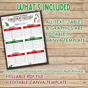May include: A printable Christmas potluck sign-up sheet with a festive red and green color scheme. The sheet includes sections for appetizers, main dishes, sides, desserts, beverages, and other. The text "WHAT'S INCLUDED" is at the top of the sheet. The text "ALL TEXT, TABLES & GRAPHICS ARE EDITABLE IN CANVA TEMPLATE" is on the right side of the sheet. The text "YOU HAVE 2 OPTIONS INCLUDED IN YOUR PURCHASE: &bull; FILLABLE PDF FILE &bull; EDITABLE CANVA TEMPLATE" is at the bottom of the sheet.