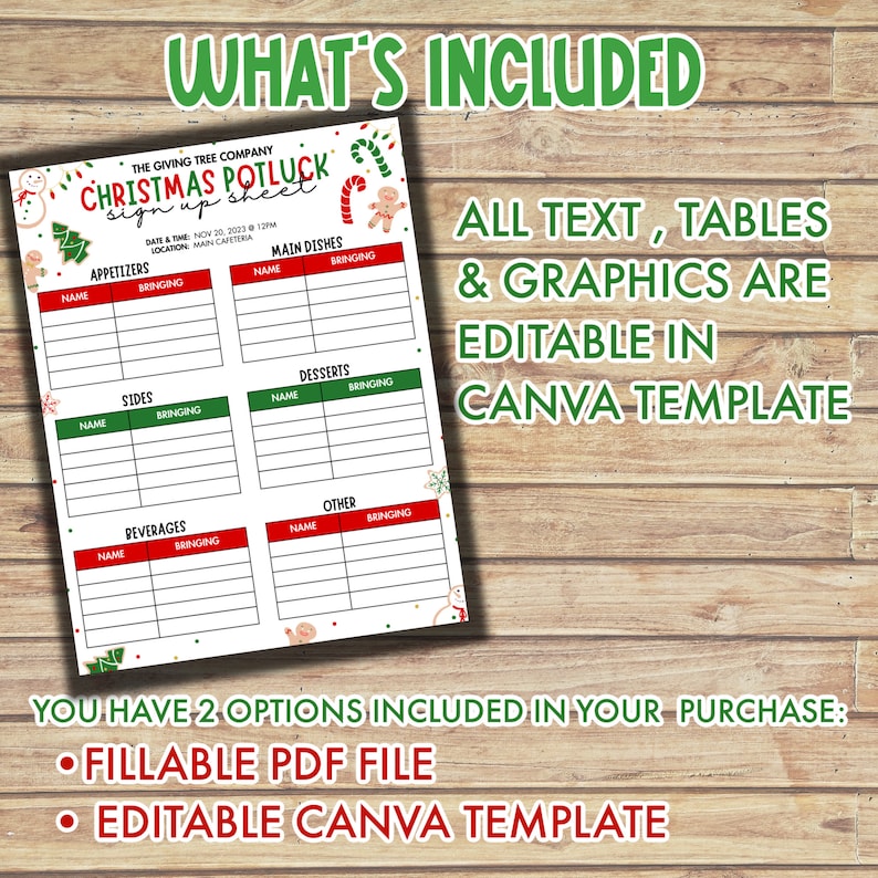 May include: A printable Christmas potluck sign-up sheet with a festive red and green color scheme. The sheet includes sections for appetizers, main dishes, sides, desserts, beverages, and other. The text "WHAT'S INCLUDED" is at the top of the sheet. The text "ALL TEXT, TABLES & GRAPHICS ARE EDITABLE IN CANVA TEMPLATE" is on the right side of the sheet. The text "YOU HAVE 2 OPTIONS INCLUDED IN YOUR PURCHASE: &bull; FILLABLE PDF FILE &bull; EDITABLE CANVA TEMPLATE" is at the bottom of the sheet.