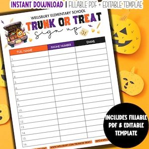 May include: A printable sign-up sheet for a Trunk or Treat event at Wellsburg Elementary School. The sign-up sheet has space for 16 names, phone numbers, and emails. The sign-up sheet is decorated with a cartoon image of a car decorated for Halloween.