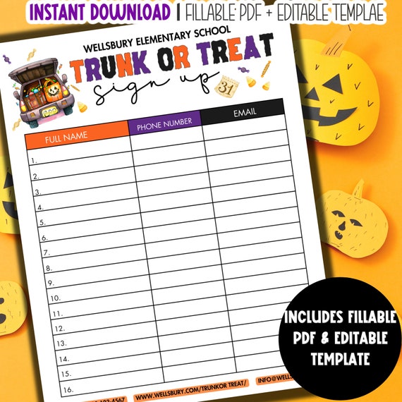Trunk or Treat Sign Up Sheet EDITABLE TEMPLATE | Halloween Trunk or Treat Volunteer Sign Up Printable Community Event PTA Pto