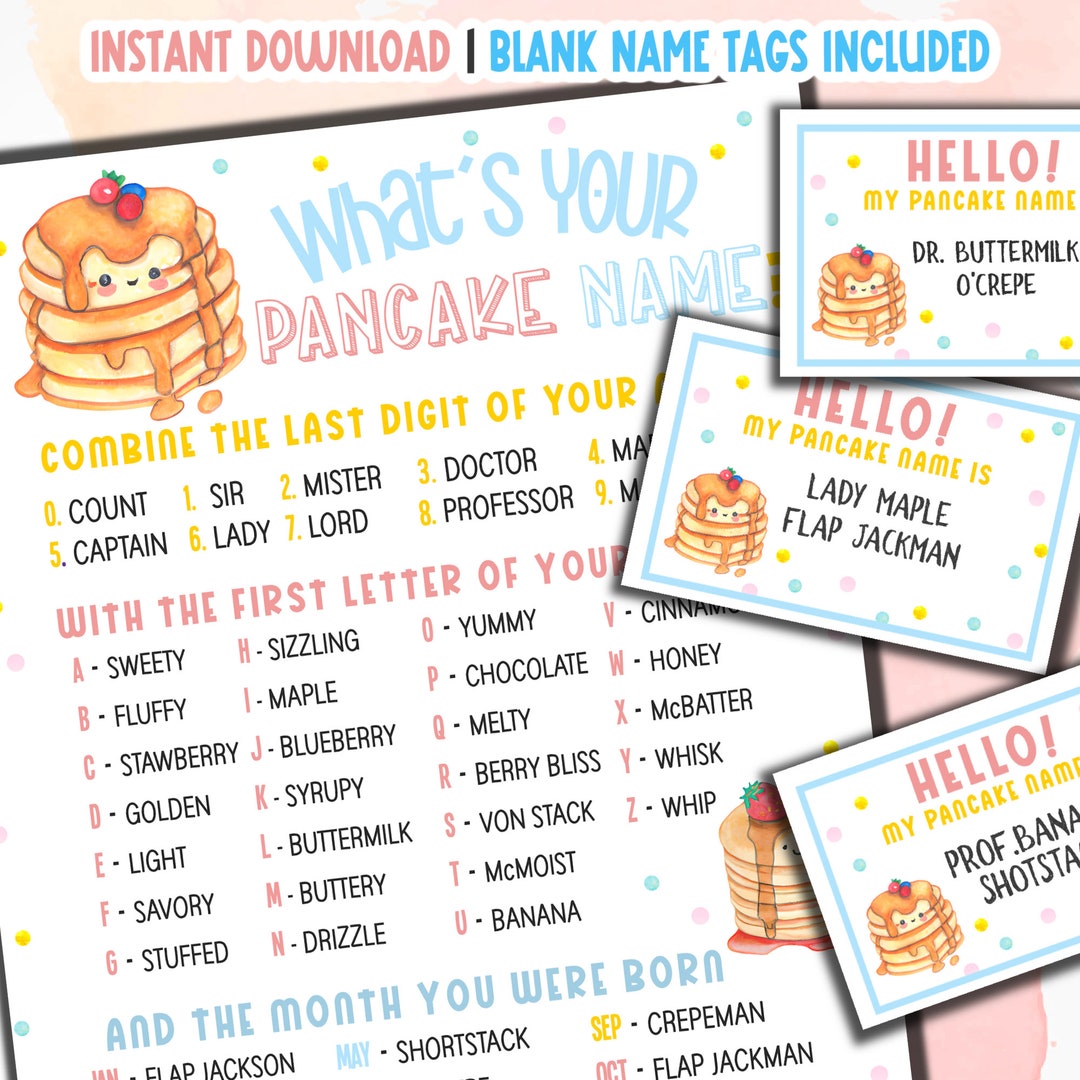 What's Your Pancake Name Game & Name Tags Pancake Party Game Pancake