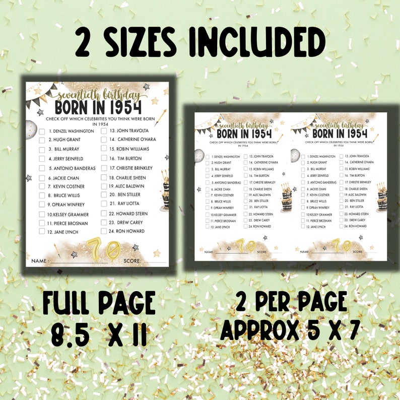 born in 1954 games bundle for birthday party comes in 2 sizes. full page and 2 per page