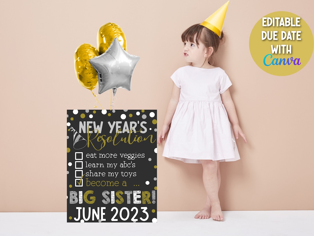 New Year's Big Sister Announcement Sign, New Years Resolution List ...