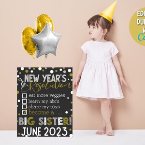 New Year&#39;s Big Sister Announcement Sign, New Years Resolution List Pregnancy Announcement Big Sister Sign Printable Sibling Announcement
