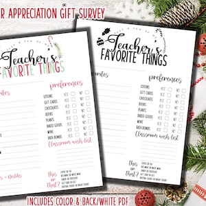 Lehrer-Anerkennungs-Geschenk-Umfrage, Lehrer-Lieblings-Dinge-Fragebogen Weihnachtsgeschenk Printable PDF